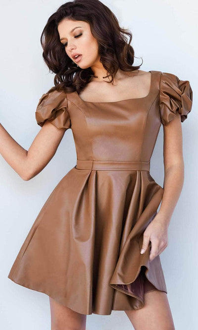 Jovani 09690 - Puffed Sleeve Leather Cocktail Dress Special Occasion Dress