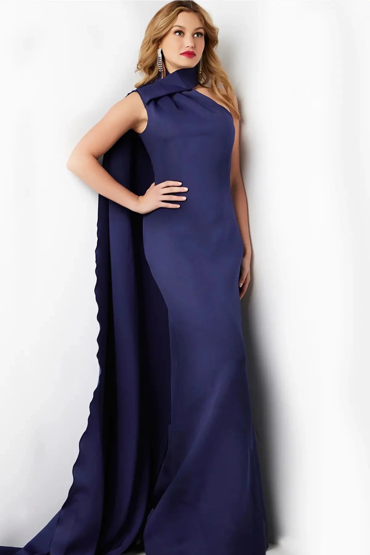 Jovani 09709 - Cascading Sash Sheath Evening Dress Wedding Dresses 00 / Navy