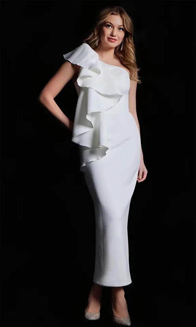 Jovani 09720 - Ruffled Detail Tea-Length Dress Semi Formal Dresses 00 / Ivory