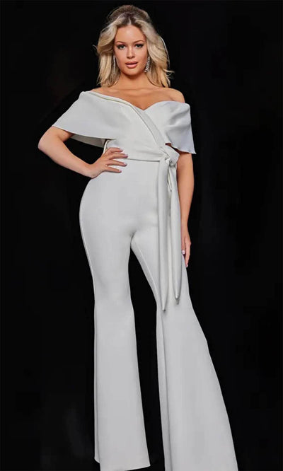 Jovani 09726 - Off-Shoulder Ruffle Detailed Jumpsuit Formal Pantsuit 00 / White