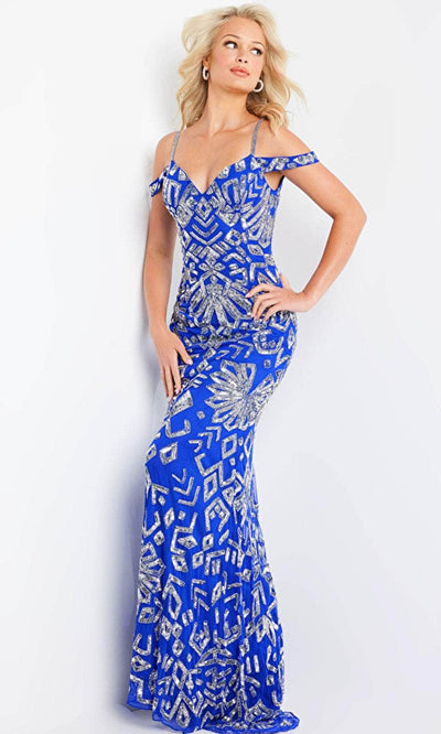 Jovani 09905 - Sequined Off-Shoulder Evening Dress Evening Dresses 00 / Royal