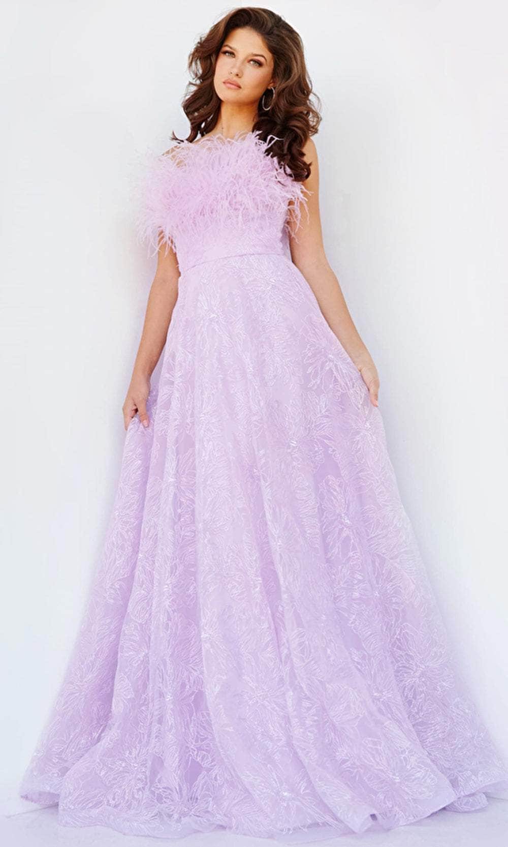 Jovani 09945 - Feather Embellished Floral Gown Prom Dresses 00 / Light-Purple