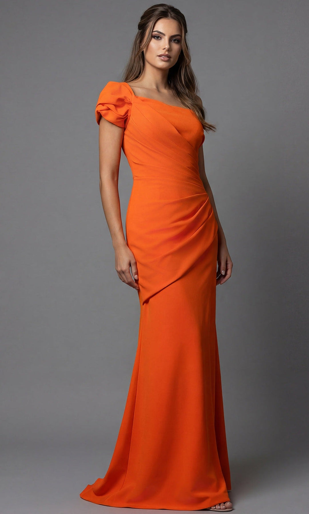 Jovani 09961 One Shoulder Puff Sleeve Crepe Gown