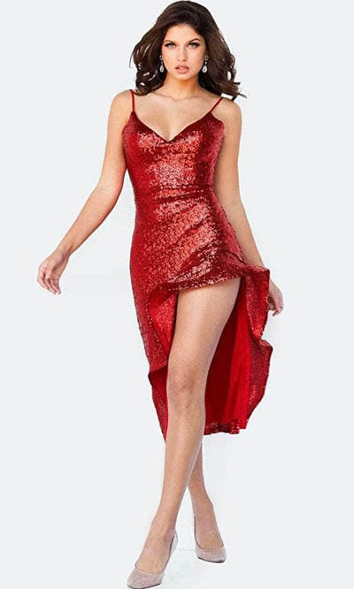 Jovani 09987 - Sequined Sleeveless V-neck High Low Dress Special Occasion Dress 00 / Red