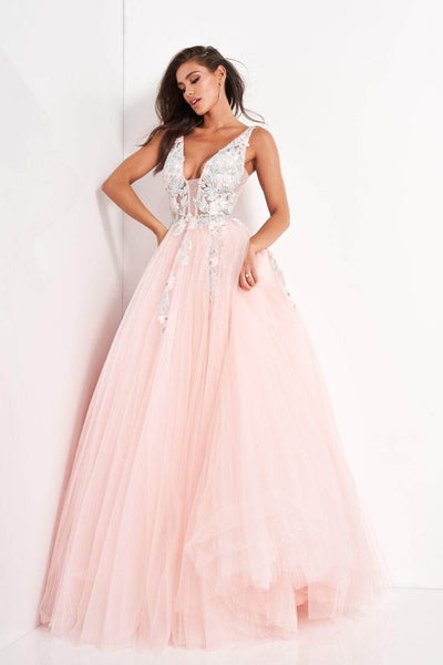 Jovani - 11092 Floral Embroidered Plunging V-Neck Ballgown Ball Gowns 00 / Blush