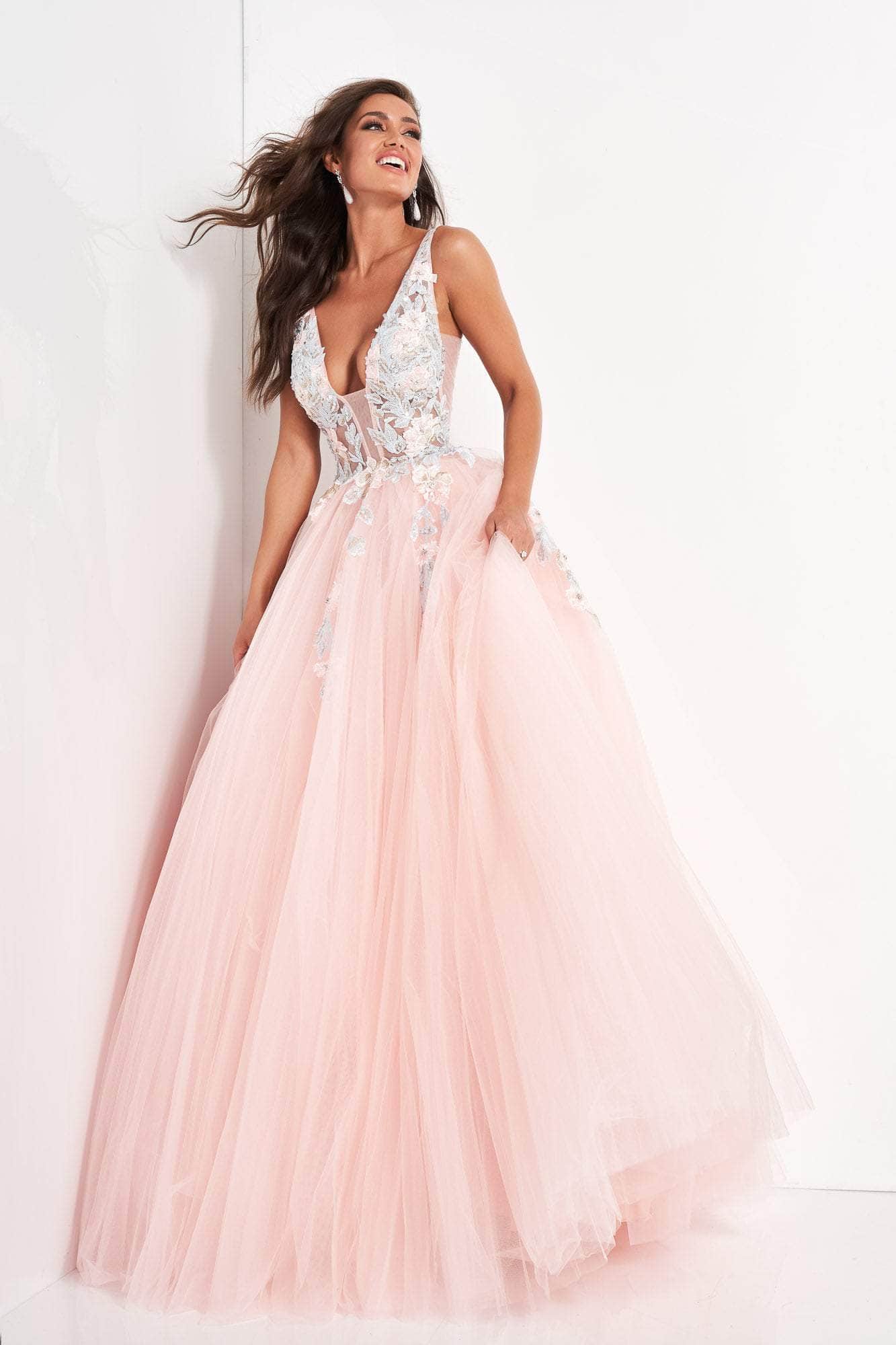 Jovani - 11092 Floral Embroidered Plunging V-Neck Ballgown Ball Gowns