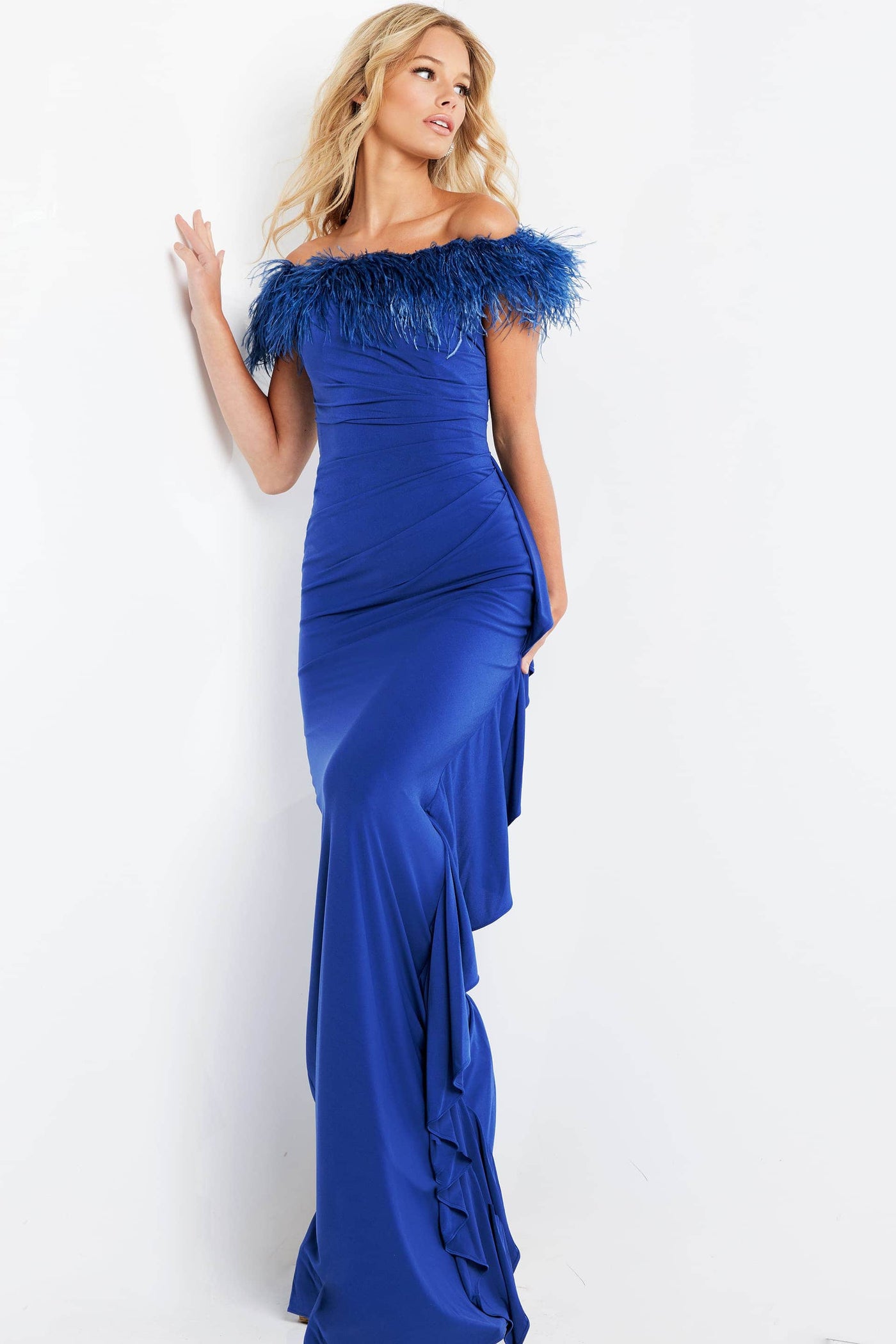 Jovani - 1147 Off-Shoulder Feather Sheath Dress Evening Dresses