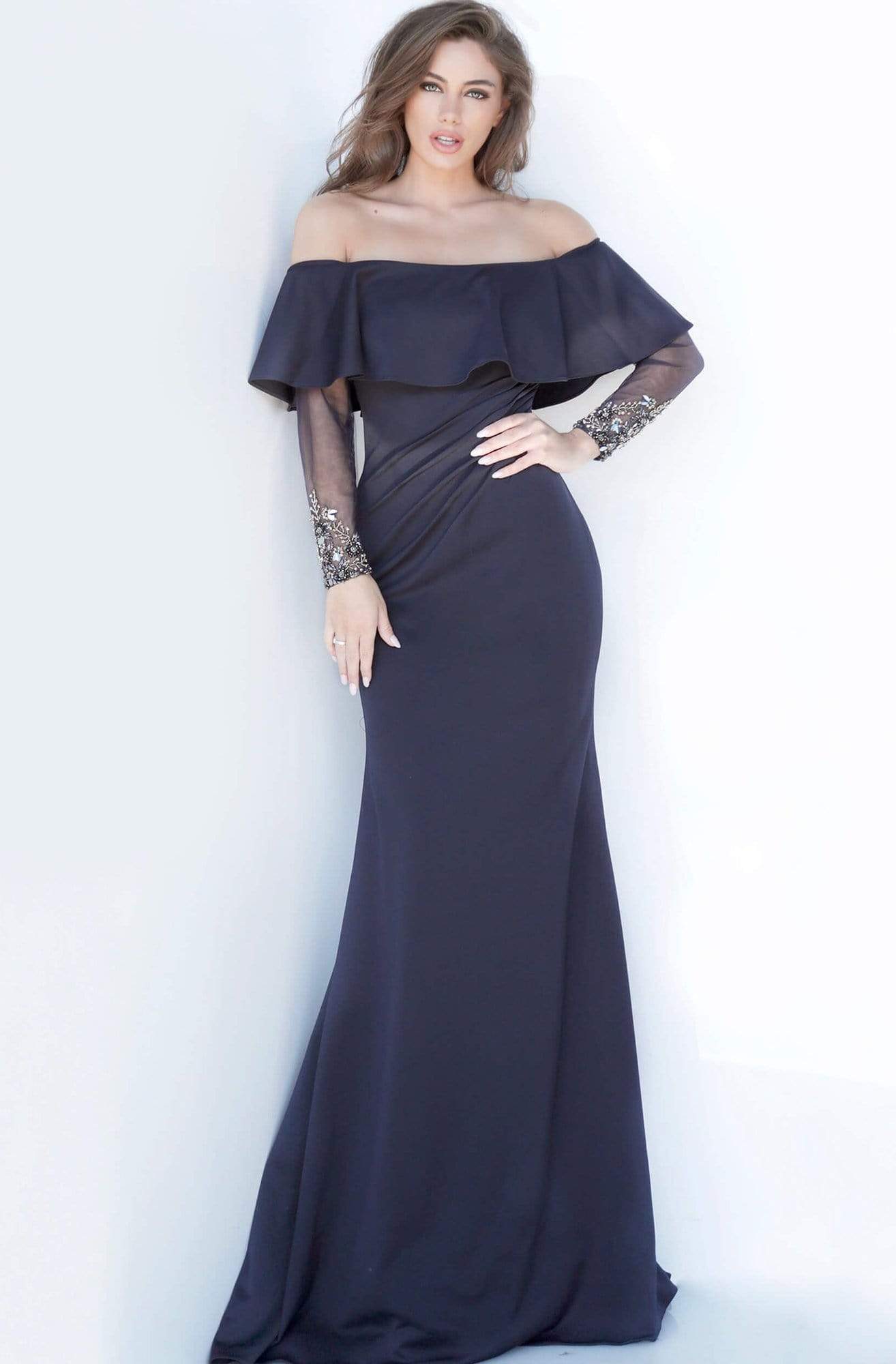 Jovani - 1152 Off-Shoulder Long Sleeves Sheath Dress Evening Dresses 00 / Navy