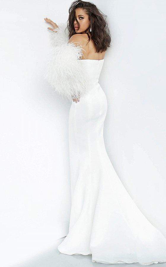 Jovani - 1226 Strapless Trumpet Dress With Feathered Sleeves Pageant Dresses