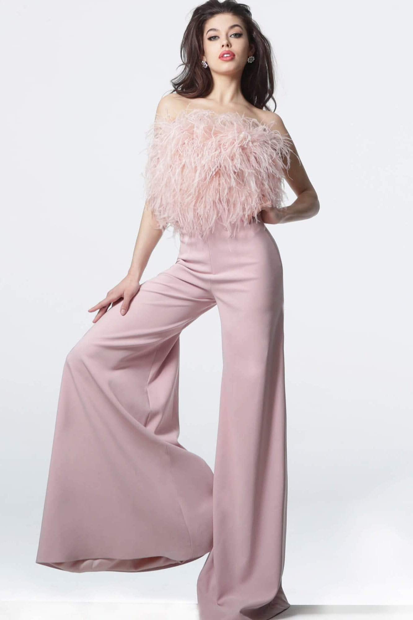 Jovani - 1542 Feathered Strapless Jumpsuit Evening Dresses