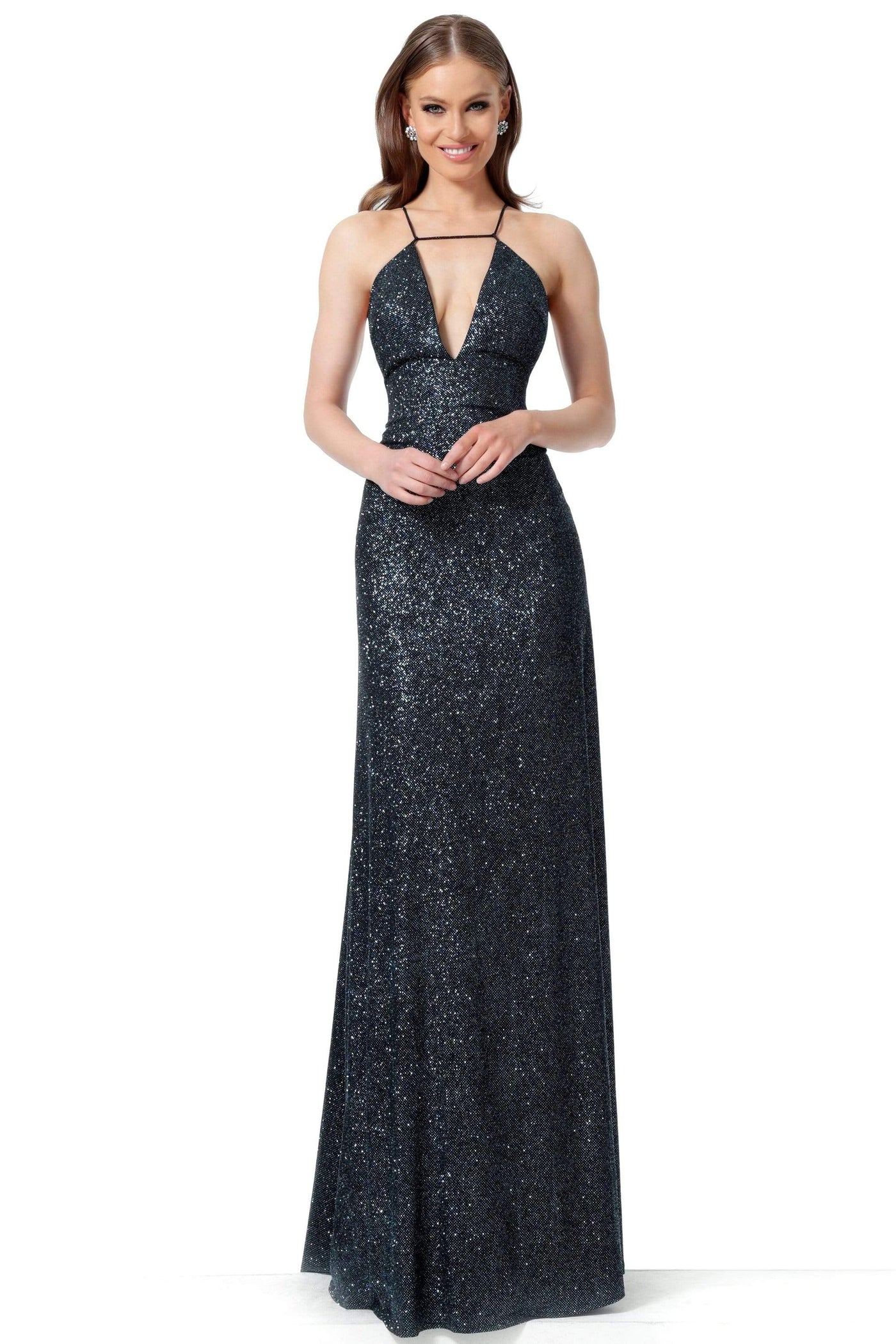 Jovani - 1551 Sleeveless Deep V-Neck Sheath Dress With Train Evening Dresses 00 / Black/Blue