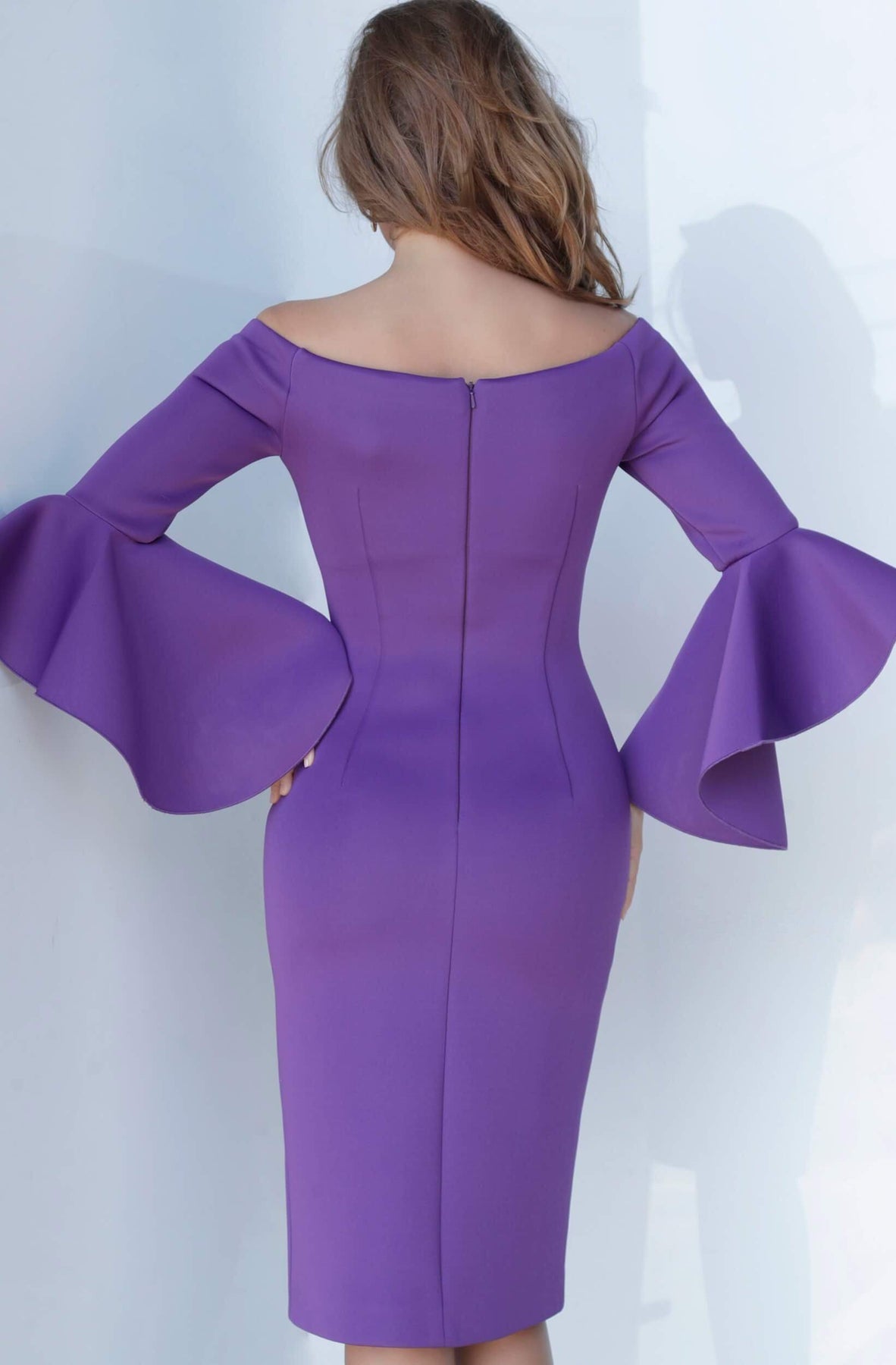 Jovani - 1587 Off Shoulder Bell Sleeve Scuba Cocktail Dress Cocktail Dresses