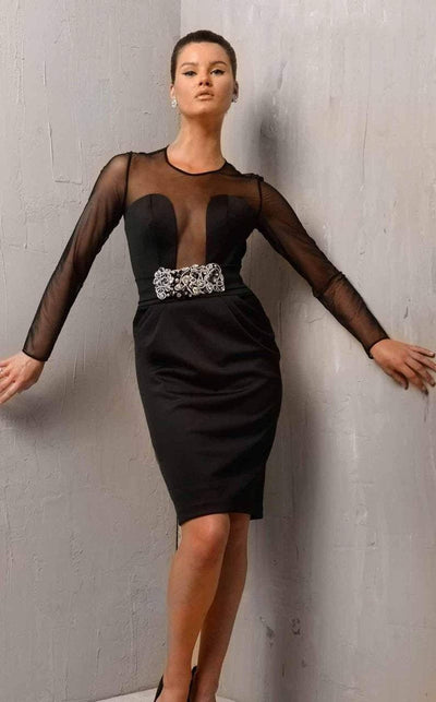 Jovani - 1590 Sheer Plunging Cocktail Dress Special Occasion Dress 0 / Black