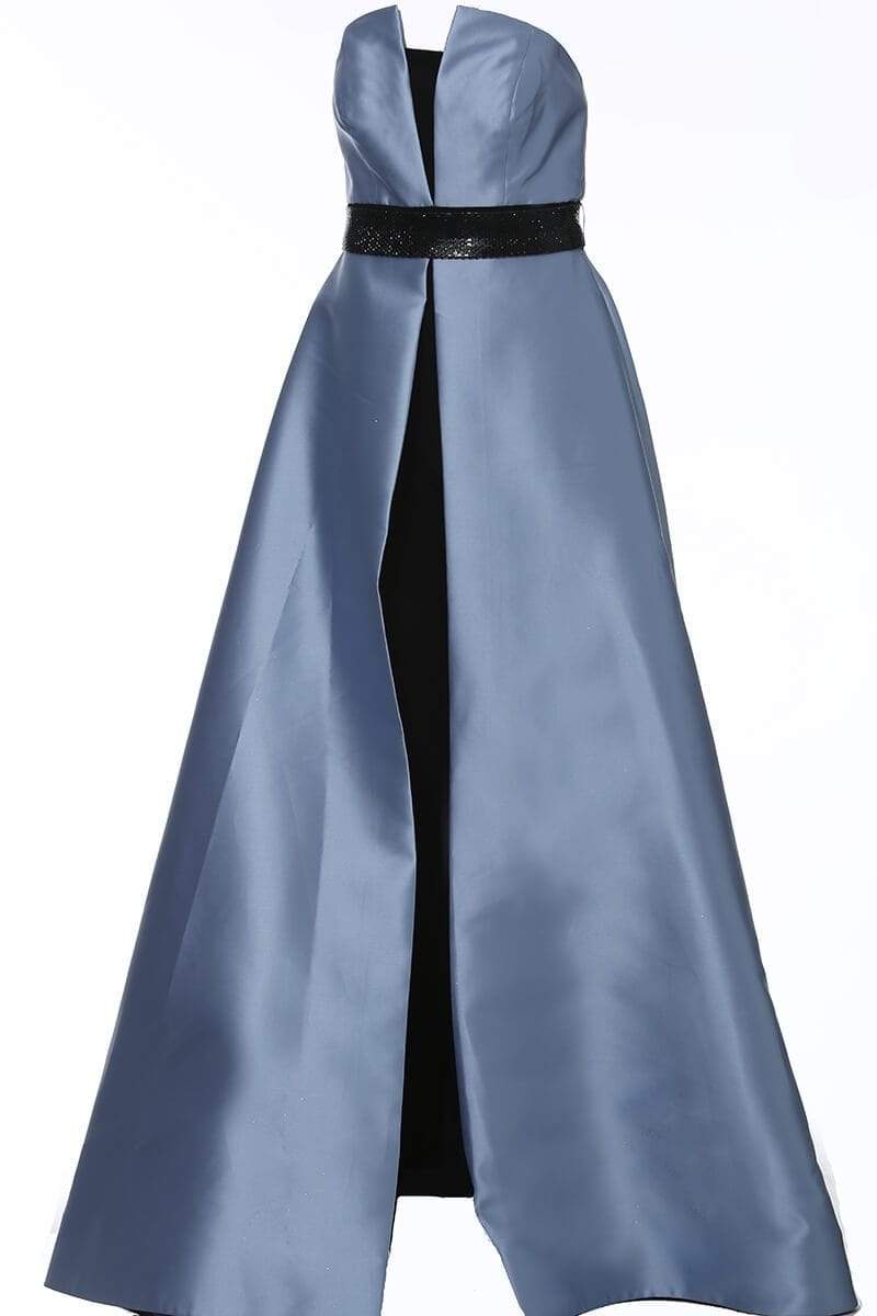 Jovani 1799 - Long A-Line/Jumpsuit Dress - Strapless, Contrasting Lining, Crumb Catcher Bodice, Mikado Overlay, Beaded Waistband, Front Slit, Mid-Open Jovani 1799 - Long A-Line/Jumpsuit Dress - Strapless, Contrasting Lining, Crumb Catcher Bodice, Mikado Overlay, Beaded Waistband, Front Slit, Mid-Open