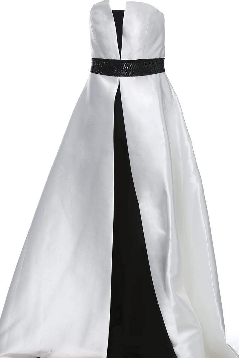 Jovani 1799 - Long A-Line/Jumpsuit Dress - Strapless, Contrasting Lining, Crumb Catcher Bodice, Mikado Overlay, Beaded Waistband, Front Slit, Mid-Open Jovani 1799 - Long A-Line/Jumpsuit Dress - Strapless, Contrasting Lining, Crumb Catcher Bodice, Mikado Overlay, Beaded Waistband, Front Slit, Mid-Open
