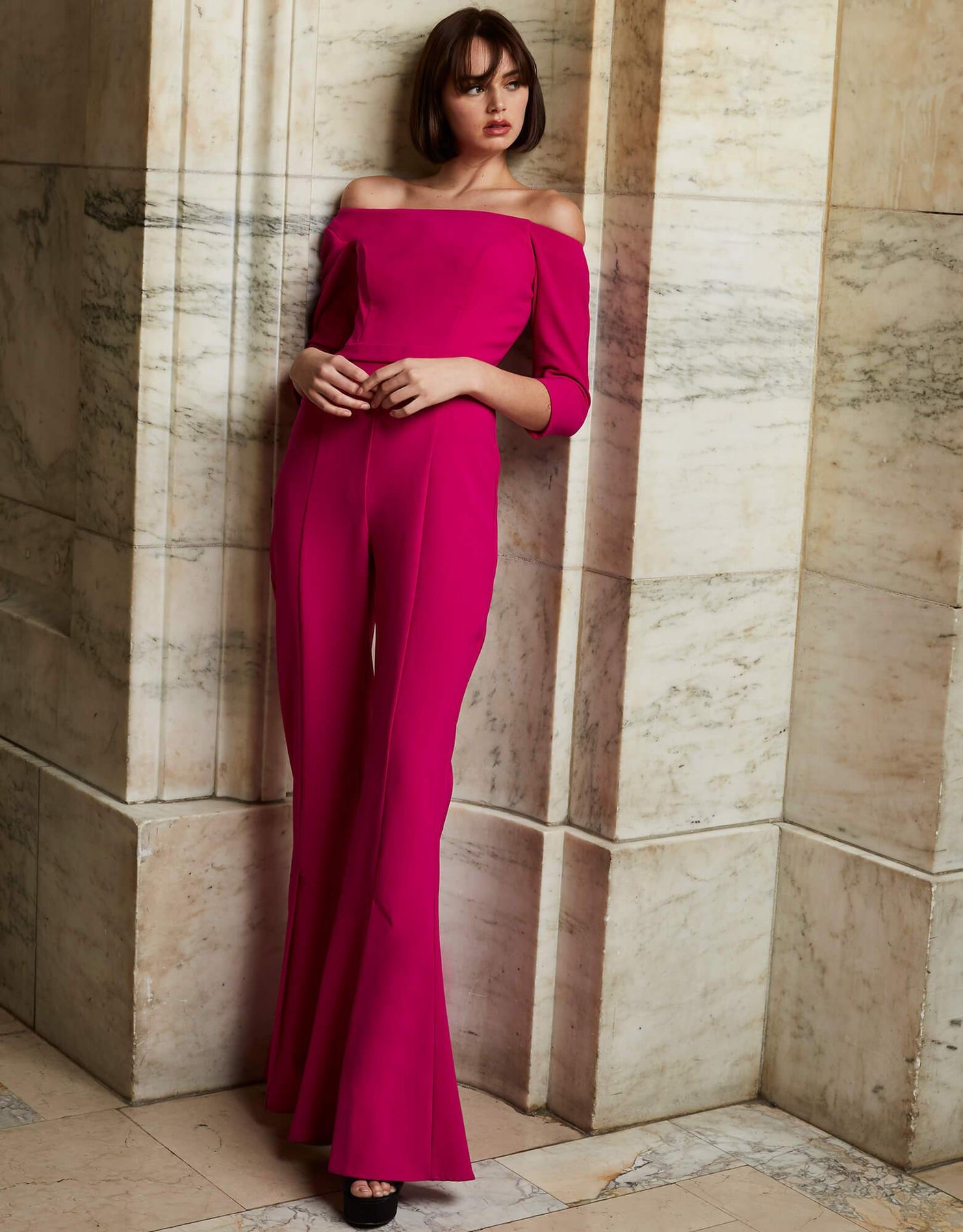 Jovani - 1867 Off-Shoulder Crepe Jumpsuit Evening Dresses