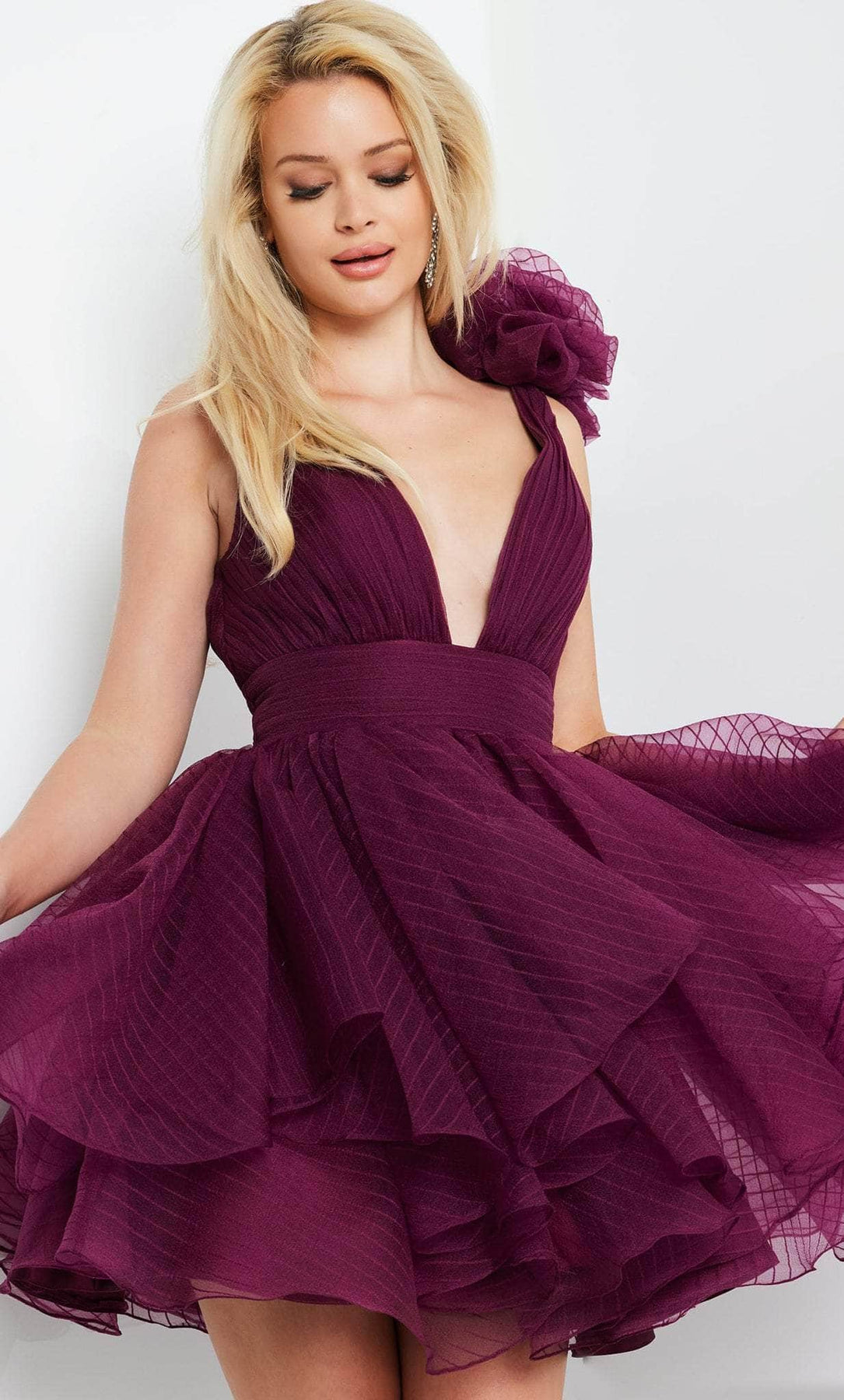Jovani 22279 - Ruffle Shoulder Cocktail Dress Cocktail Dresses 00 / Burgundy