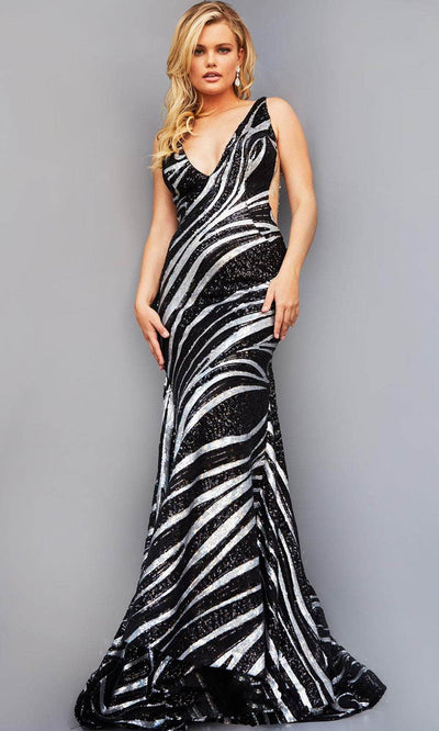 Jovani 22314 - Stripe Sequin V-Neck Prom Dress Prom Dresses 00 / Black/Silver