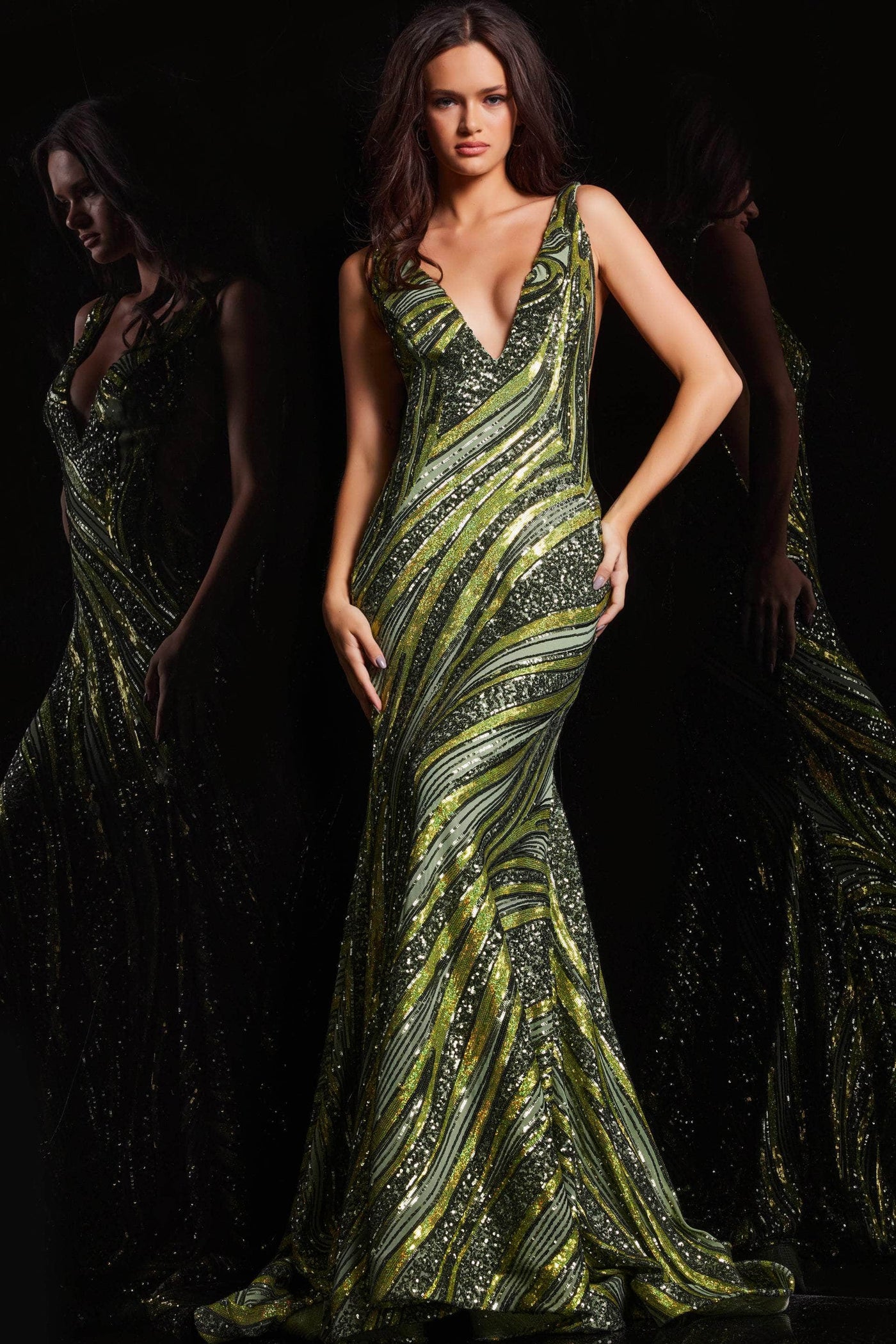 Jovani 22314 - Stripe Sequin V-Neck Prom Dress Prom Dresses 00 / Olive/Lime