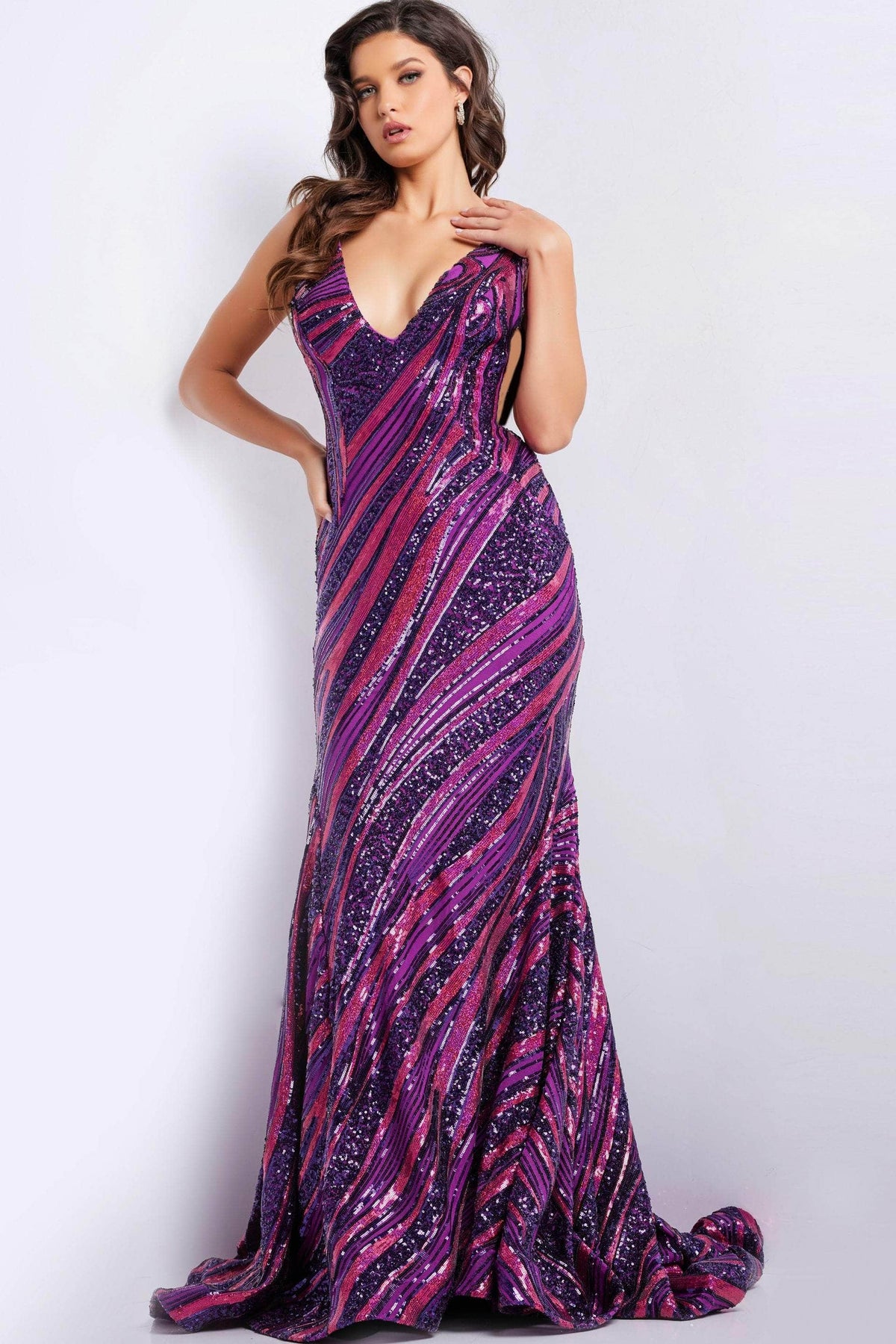 Jovani 22314 - Stripe Sequin V-Neck Prom Dress Prom Dresses