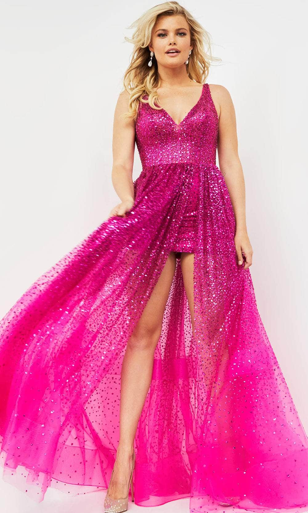Jovani 22391 - Long Glitter Tulle A-Line Dress - Sleeveless, Glitter Accents, Overskirt, Zipper Closure, Mini Hem, V-Open Back, Sweep Train ADASA Jovani 22391 - Long Glitter Tulle A-Line Dress - Sleeveless, Glitter Accents, Overskirt, Zipper Closure, Mini Hem, V-Open Back, Sweep Train ADASA