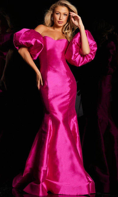Jovani 22830 - Puff Sleeve Satin Prom Dress Prom Dresses 00 / Fuchsia