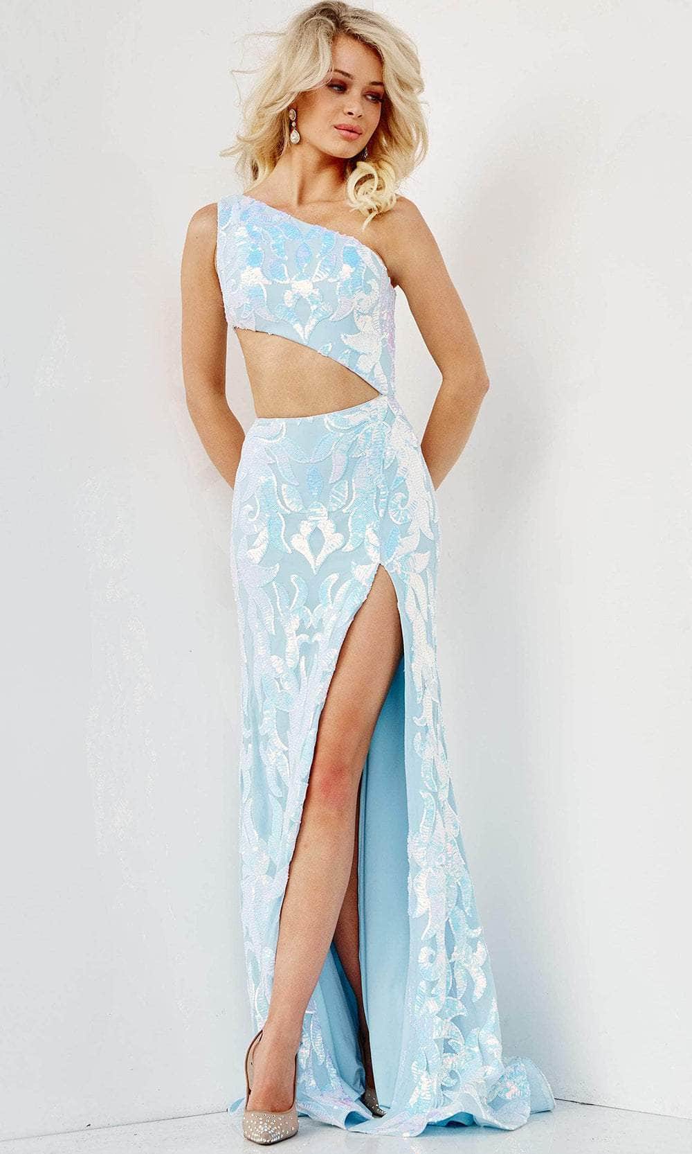 Jovani 22853 - Sequin Cutout Midriff Prom Dress Special Occasion Dress 00 / Light-Blue