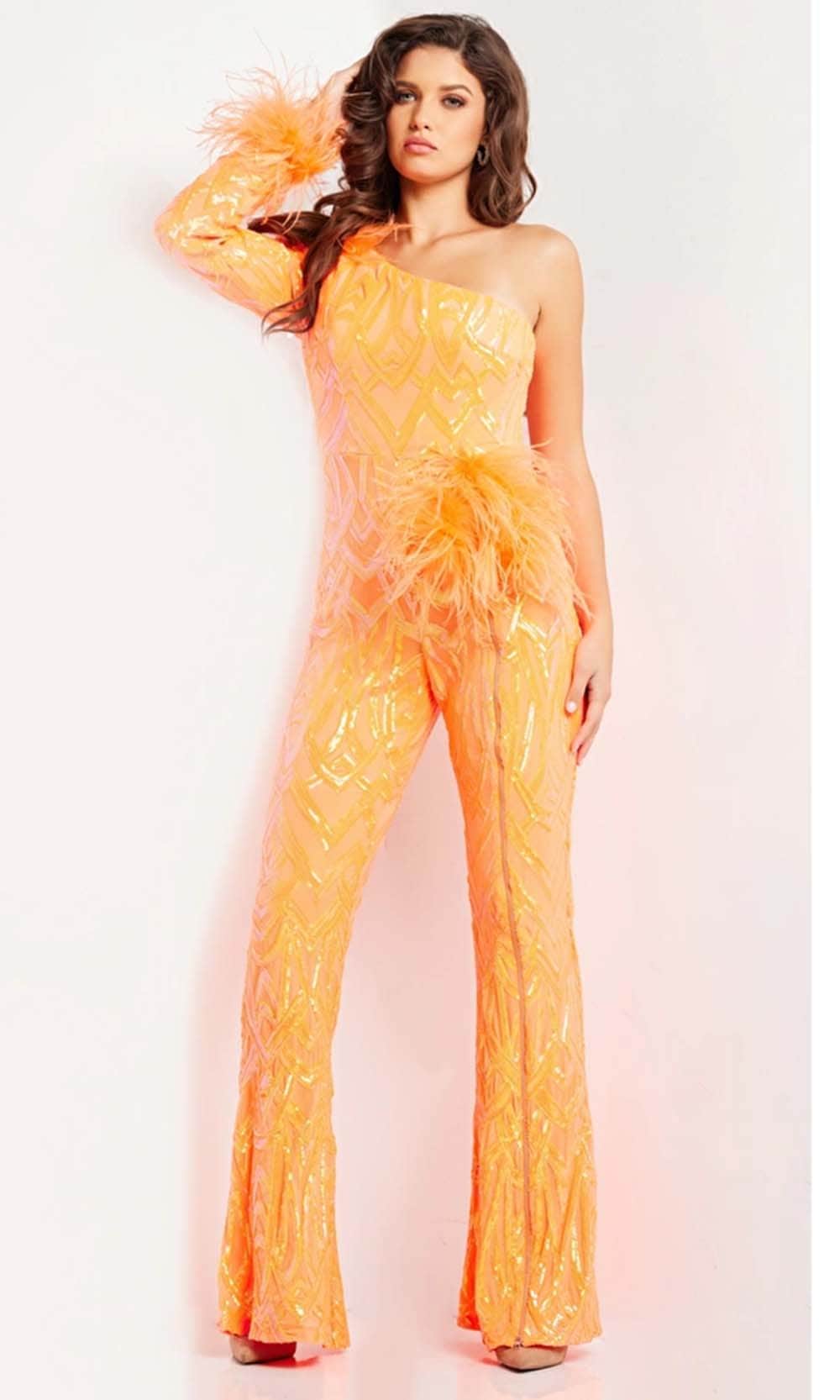Jovani 23026 - Feather Ornate Beaded Jumpsuit Formal Pantsuits