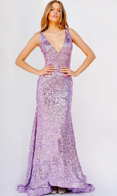 Jovani 23079 - Sequined Illusion Side Prom Gown Special Occasion Dress 00 / Lilac