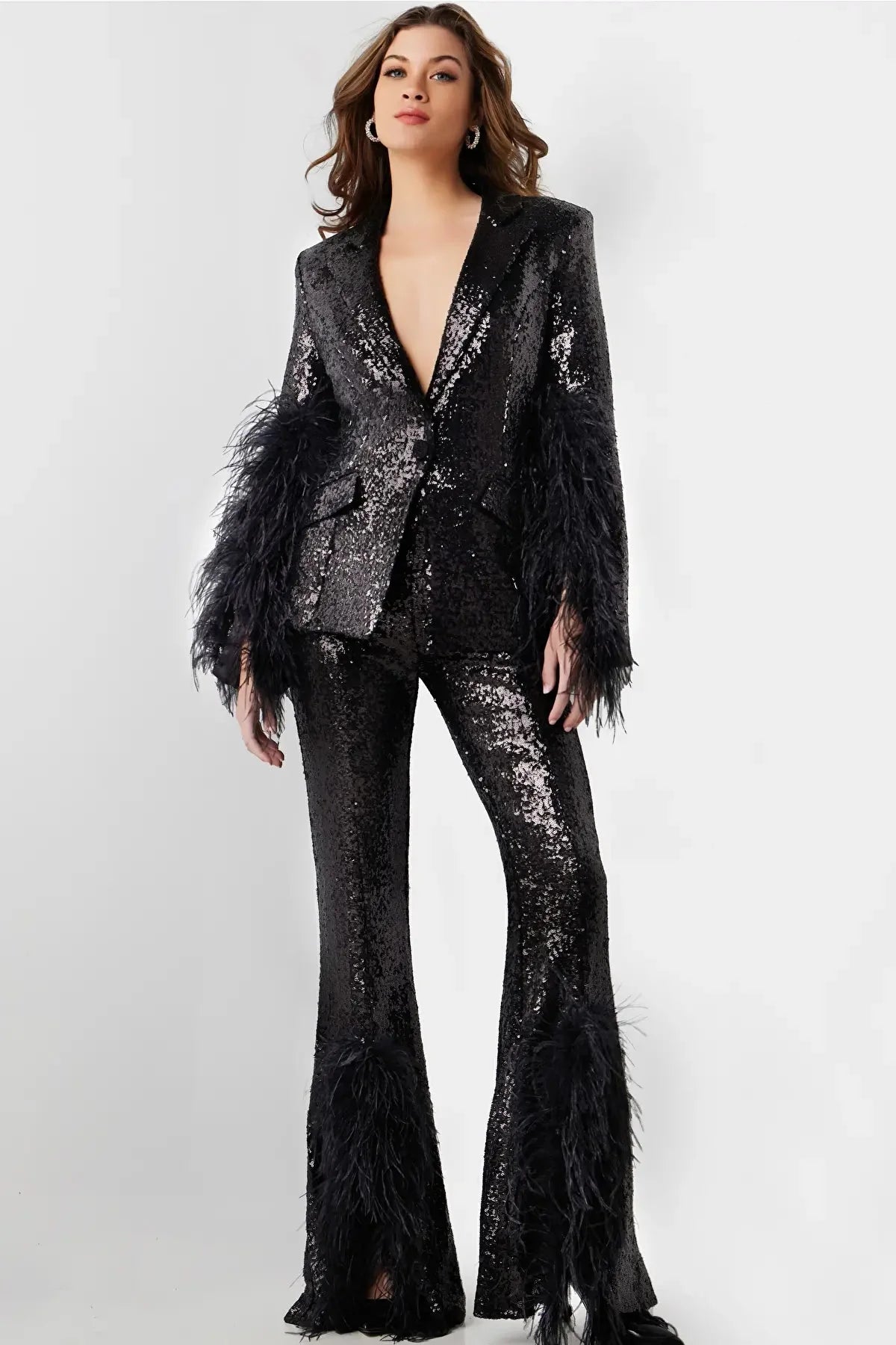Jovani 23162 - V-Neck Sequin Feathers Pant Suit Formal Pantsuits 00 / Black
