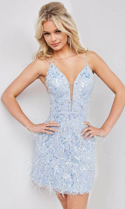 Jovani 23215 - Plunging Feather Cocktail Dress Special Occasion Dress 00 / Light-Blue