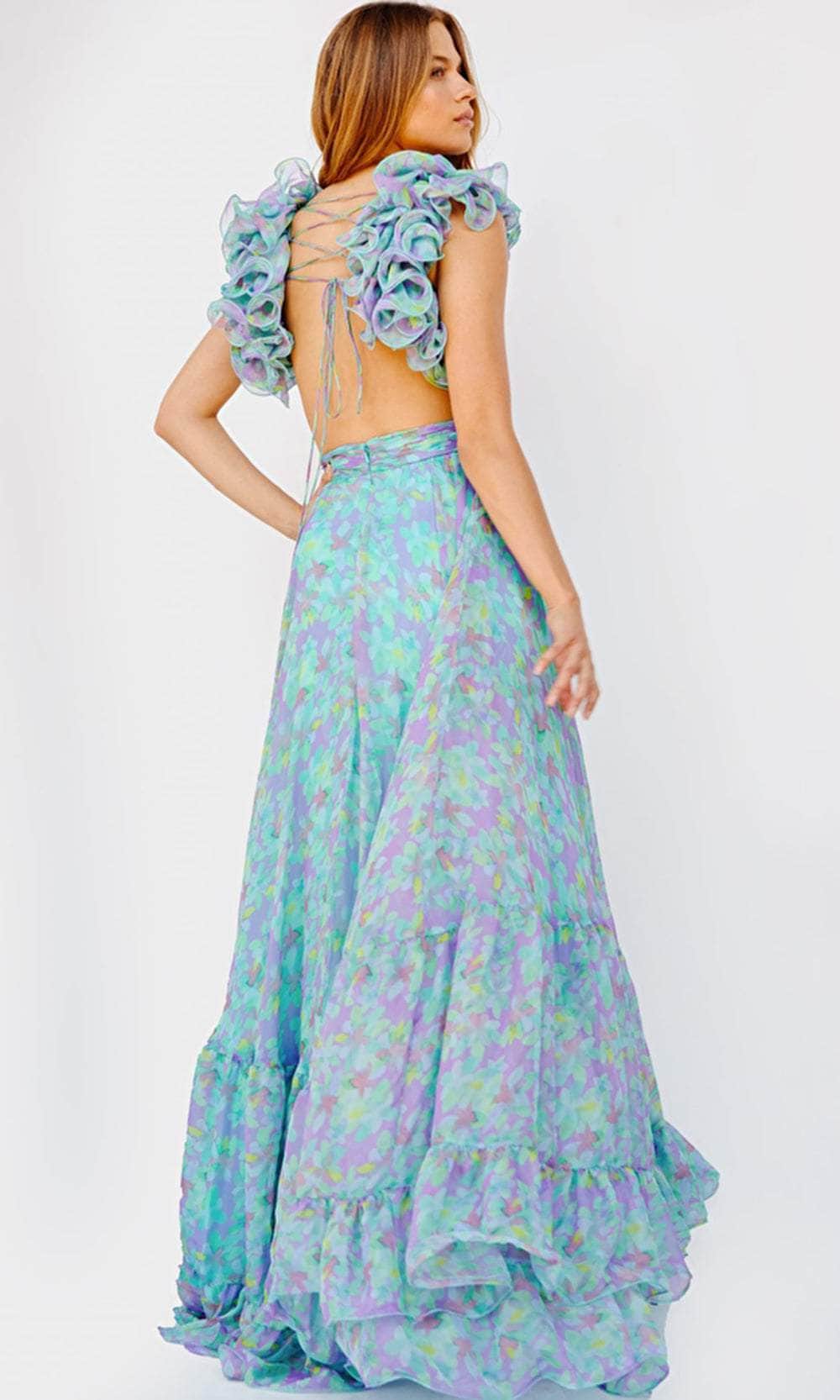 Jovani 23320 - Ruffled Shoulder Flowy Printed Gown Prom Dresses