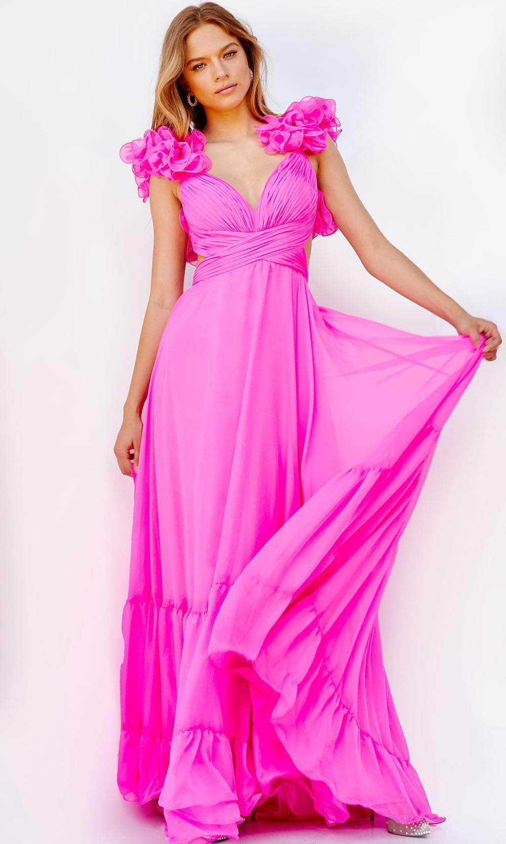 Jovani 23322 - Ruffled Shoulder A-Line Prom Dress Special Occasion Dress 00 / Hot-Pink