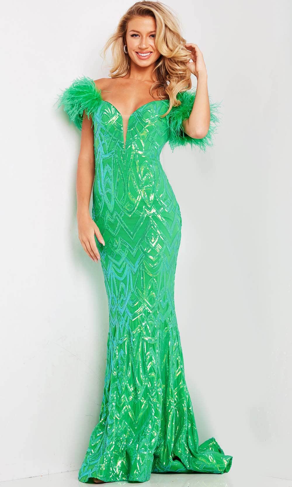 Jovani 23383 - Sequin Off Shoulder Prom Dress Special Occasion Dress 00 / Green