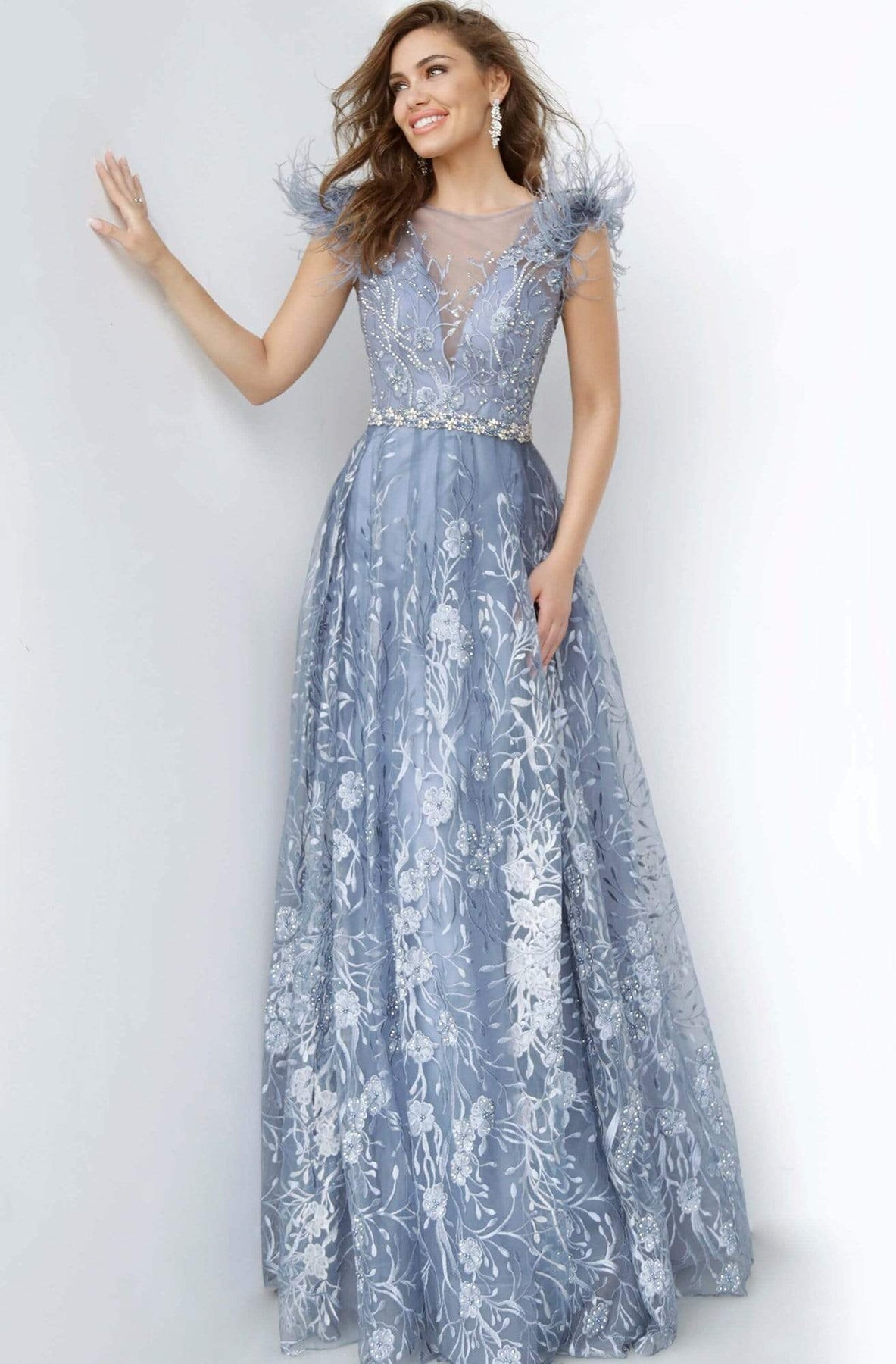 Jovani - 2350 Illusion Feathered A-line Dress Evening Dresses
