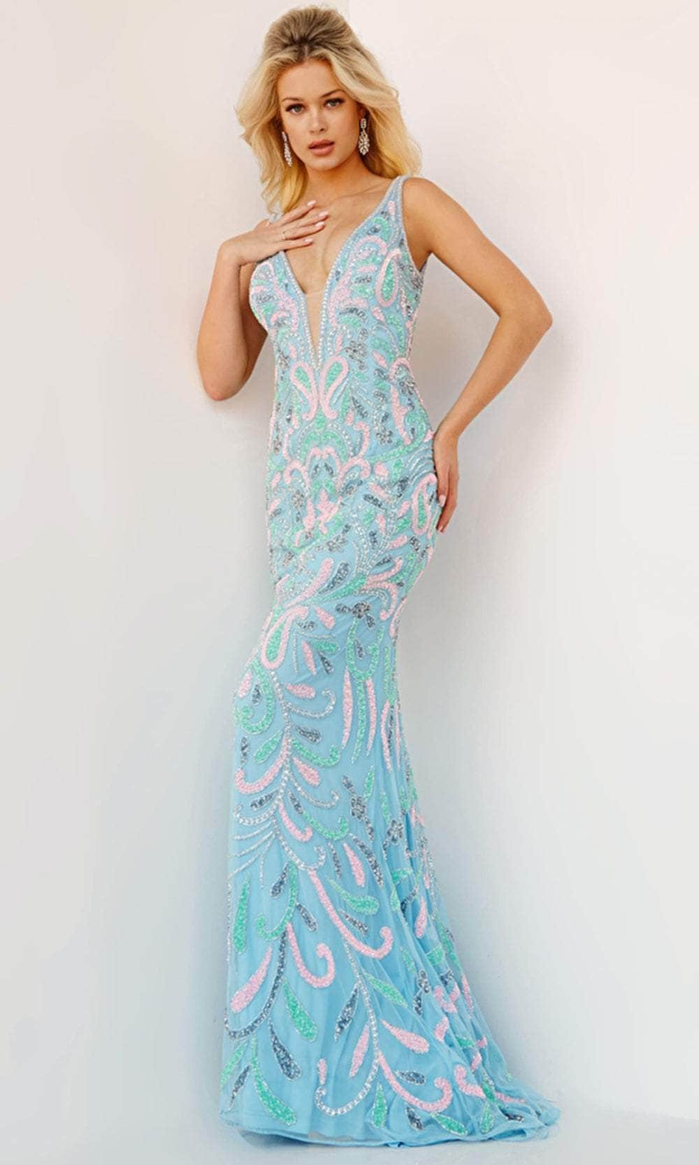 Jovani 23511 - Bejeweled Allover Plunging Gown Prom Dresses 00 / Light-Blue Multi