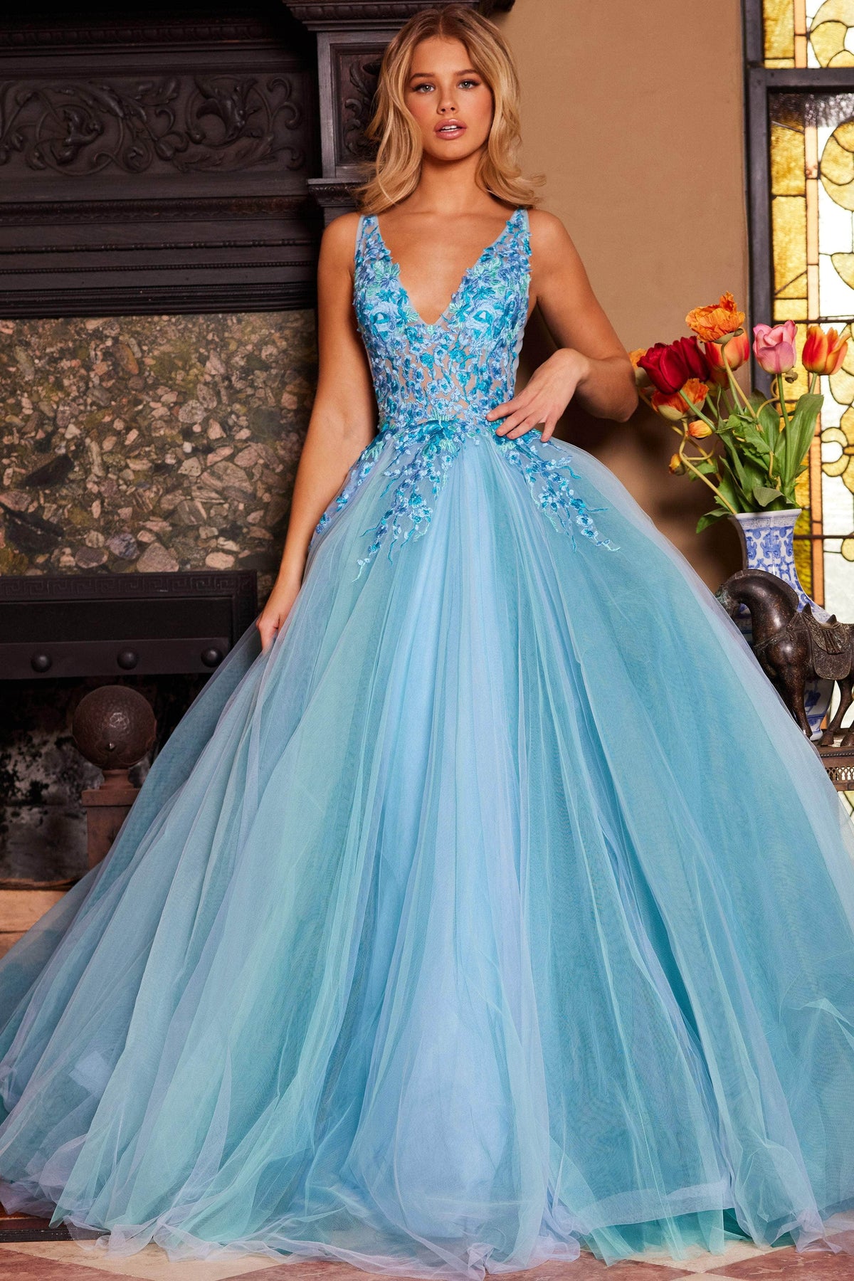 Jovani 23577 - Floral Lace V-Neck Ballgown Special Occasion Dress 00 / Blue/Multi