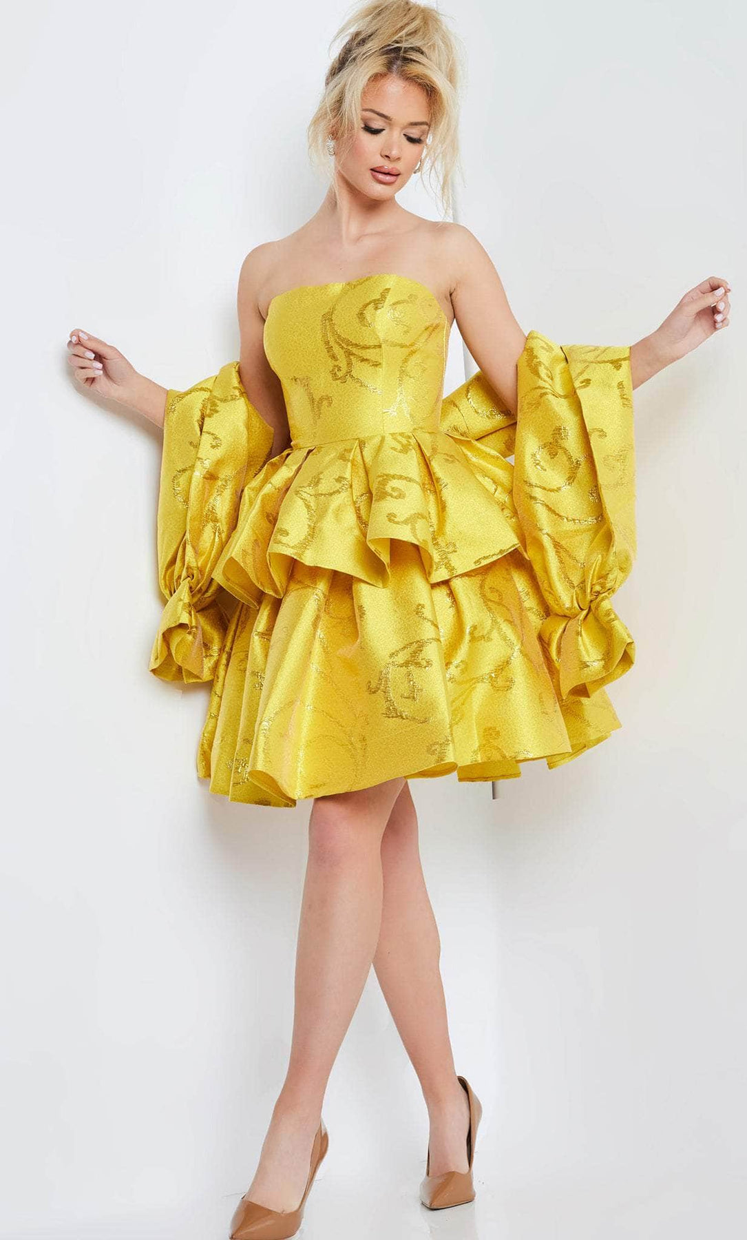 Jovani 23743 - Strapless Jacquard Cocktail Dress Cocktail Dresses 00 / Yellow
