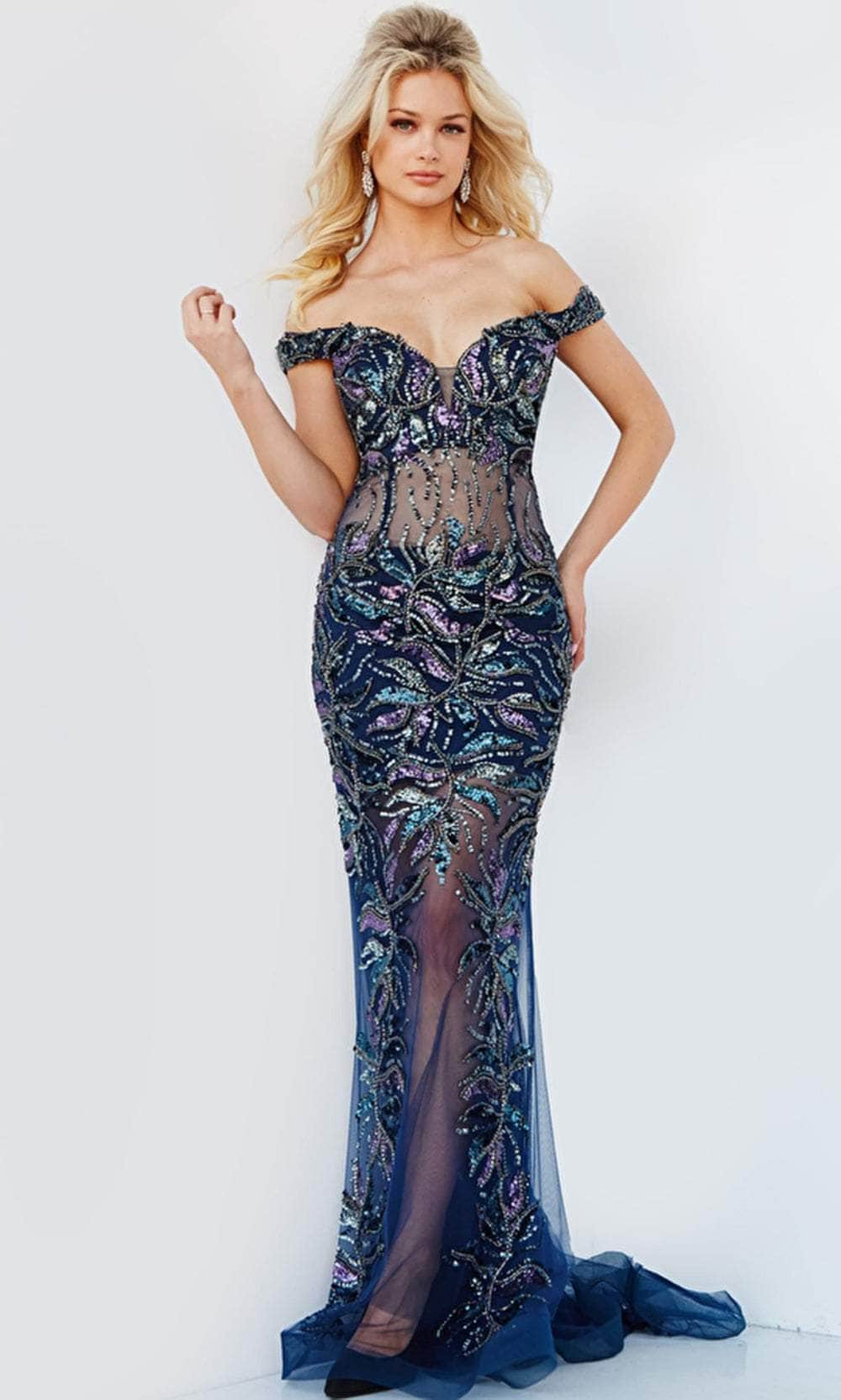 Jovani 23760 - Off Shoulder Beaded Translucent Gown Prom Dresses 00 / Navy