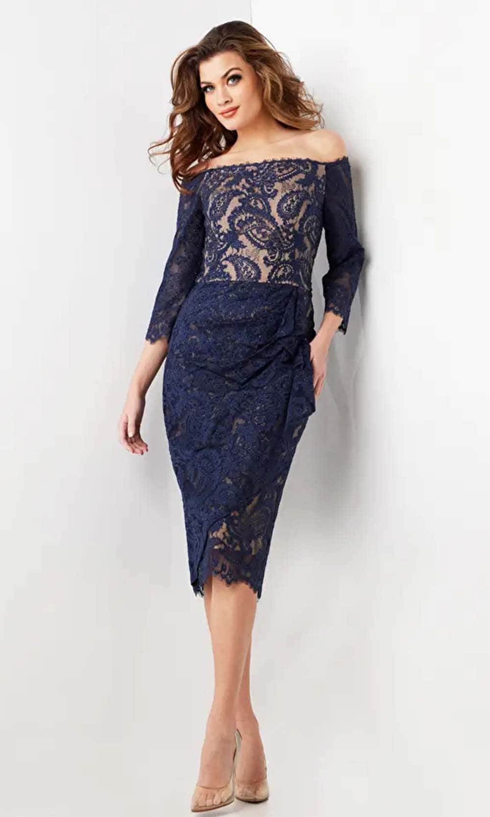 Jovani 23814 - Lace Knee-Length Dress Holiday Dresses 00 / Navy