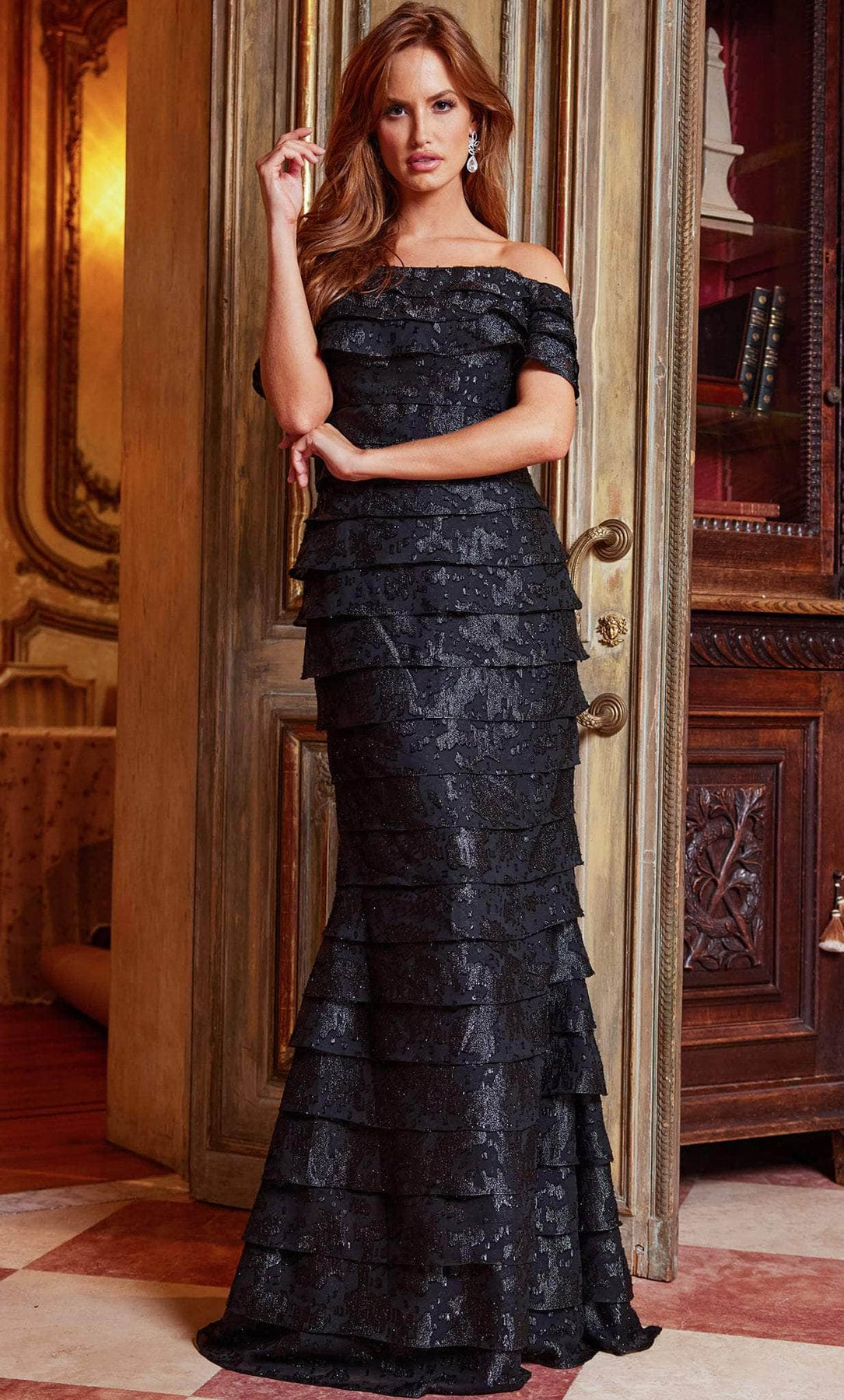 Jovani 23890 - Off Shoulder Layered Evening Gown Special Occasion Dress 00 / Black
