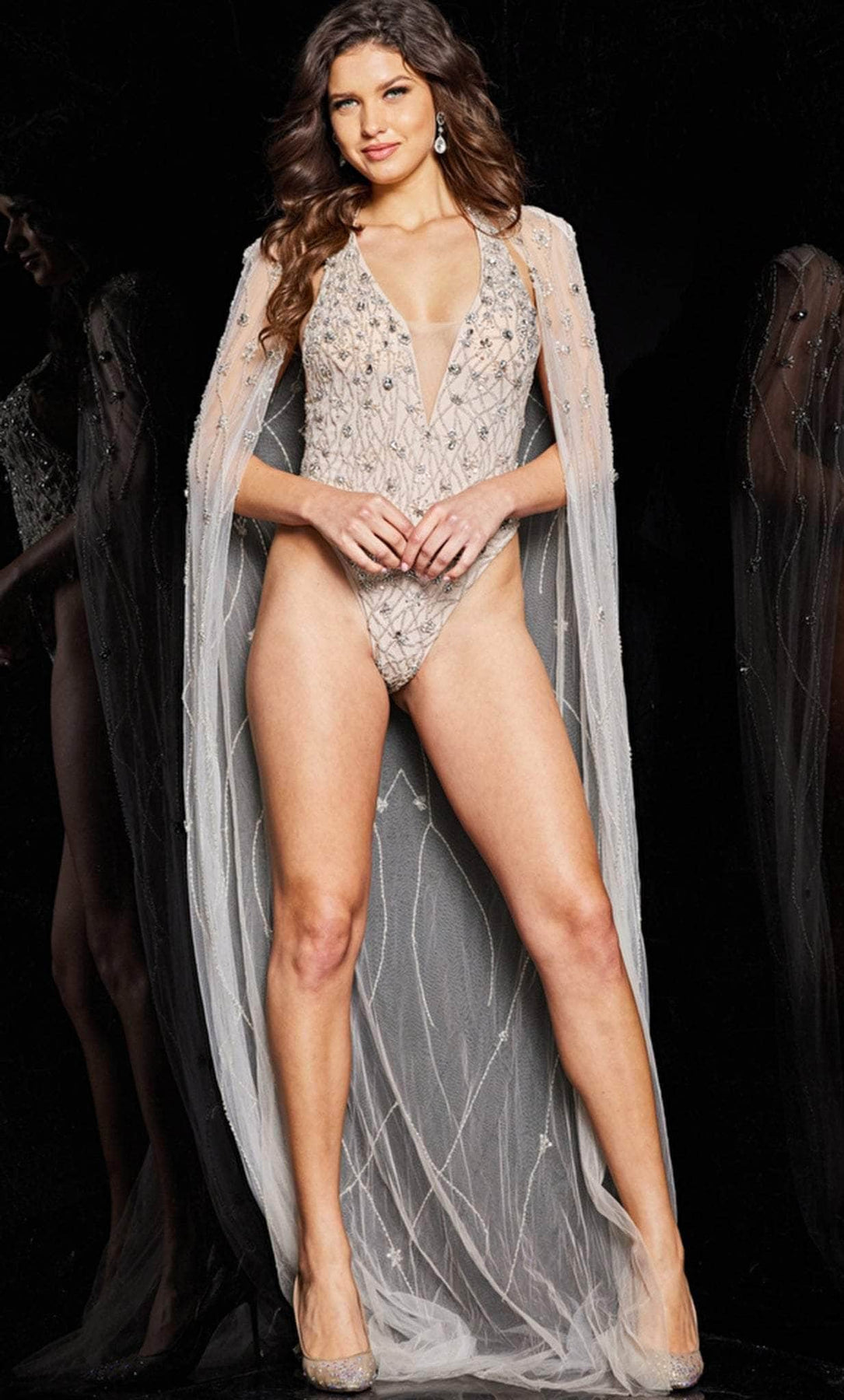 Jovani 23895 - Crystal Beaded V Neck Bodysuit Special Occasion Dress 00 / Nude