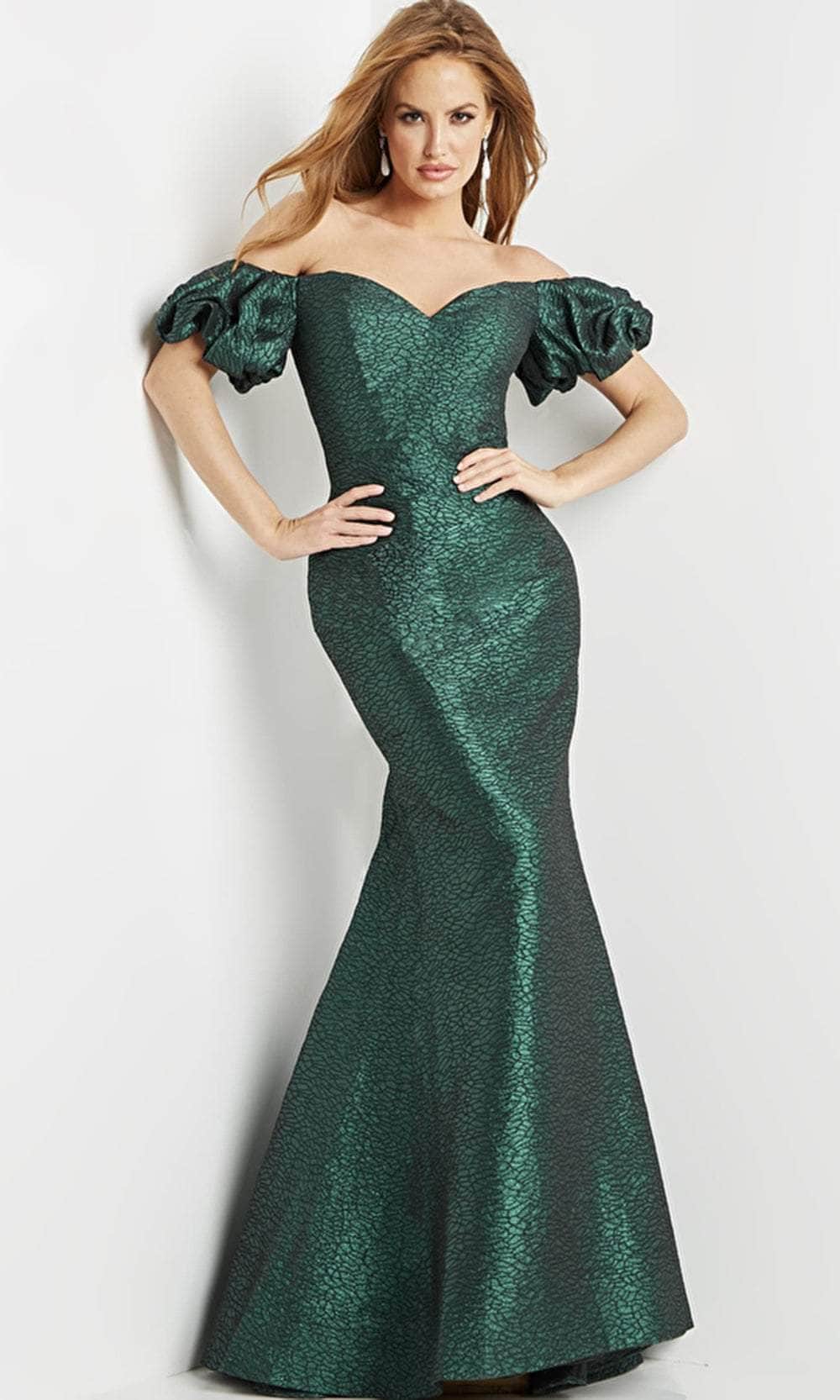 Jovani 24044 - Puff Sleeve Off-Shoulder Evening Gown Prom Dresses 00 / Green