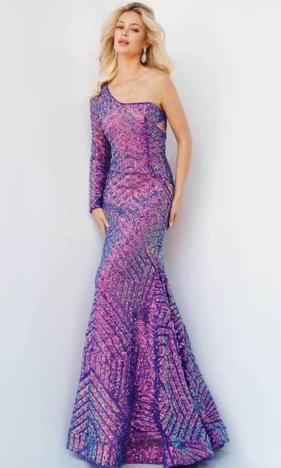 Jovani 24098 - One Sleeved Sequin Prom Dress Special Occasion Dress 00 / Iridescent Violet
