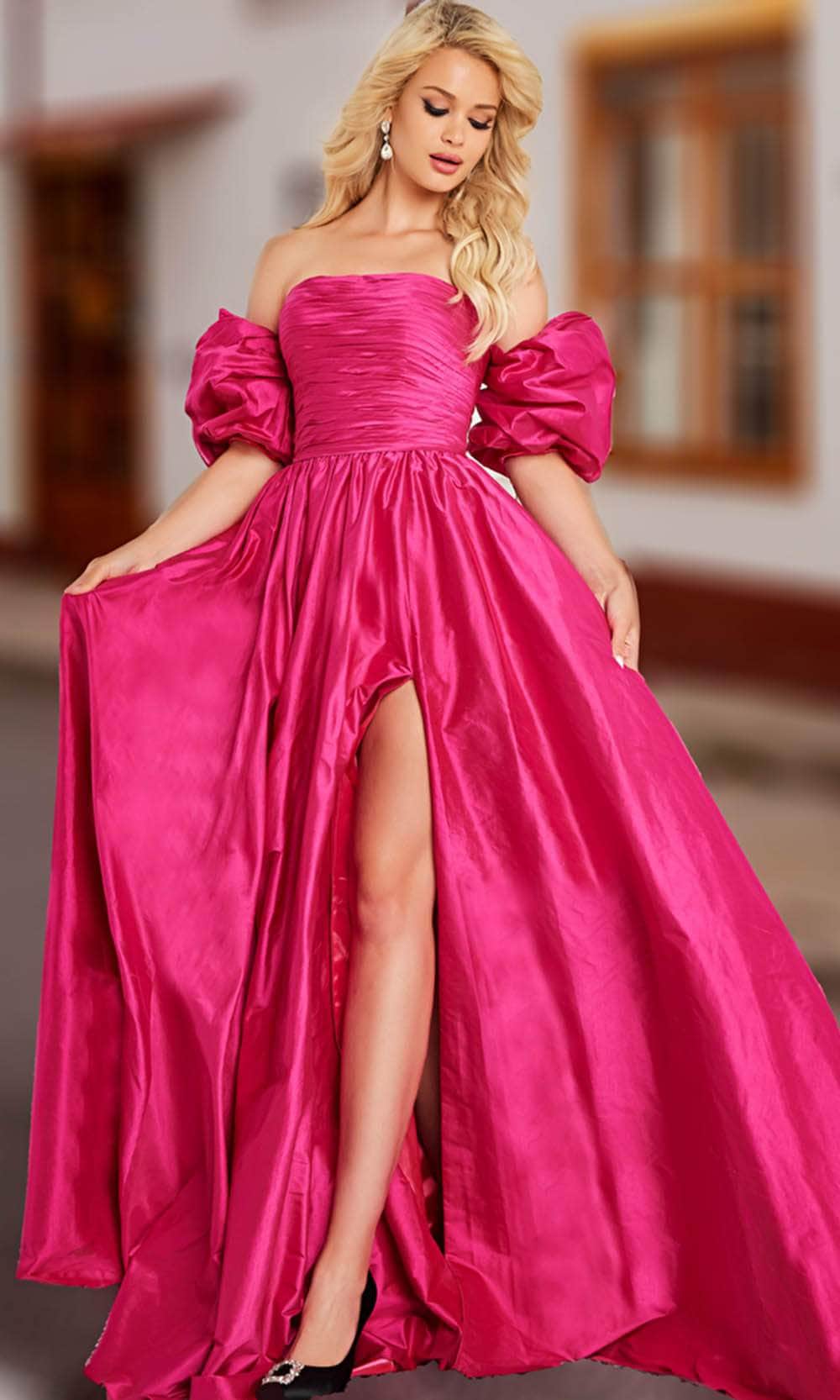 Jovani 24099 - Taffeta Puff Sleeve A-line Gown Prom Dresses 00 / Fuchsia