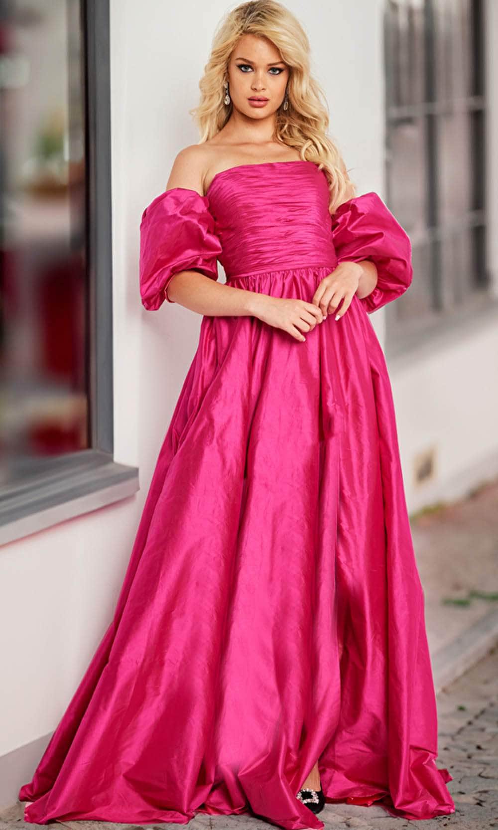 Jovani 24099 - Taffeta Puff Sleeve A-line Gown Prom Dresses