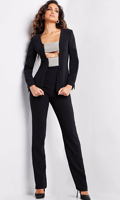Jovani 24119 - Long Sleeve Embellished Pantsuit Formal Pantsuit 00  Black