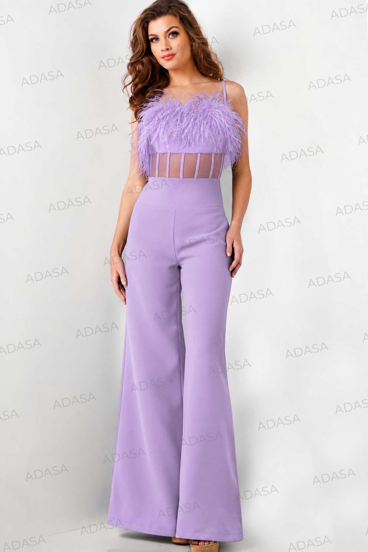 Jovani 24144 - Feather Detail Sheer Bodice Jumpsuit