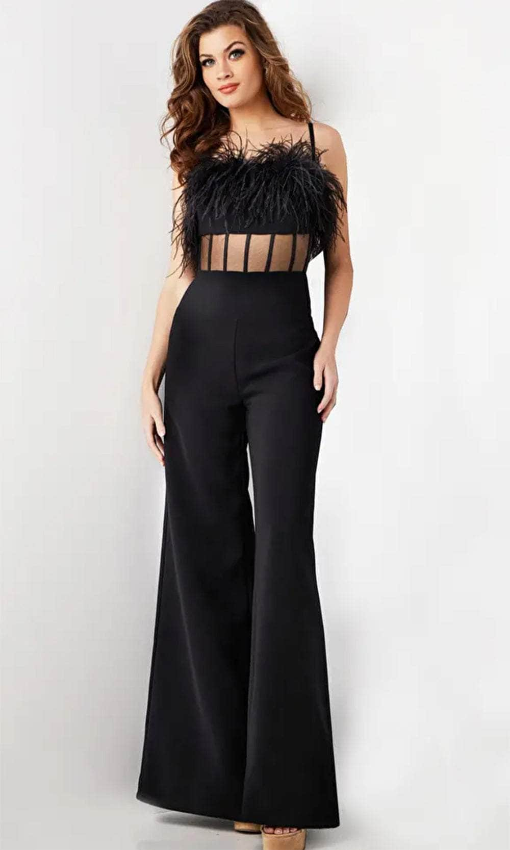 Jovani 24144 - Feather Detail Sheer Bodice Jumpsuit Formal Pantsuit 00  Black