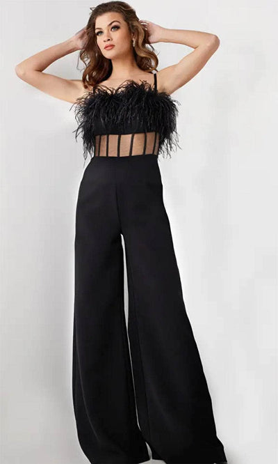 Jovani 24144 - Feather Detail Sheer Bodice Jumpsuit Formal Pantsuit